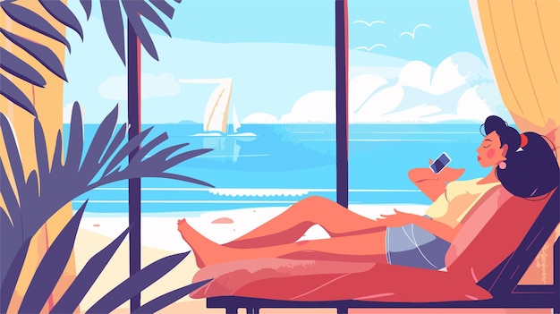 Vector dreamy female character relaxing on sofa ideal for lifestyle and relaxation concepts