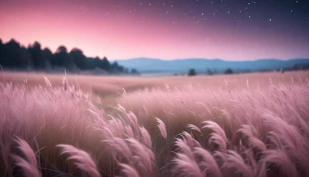 Vector a dreamy field of tall pink grass under a twilight sky with stars