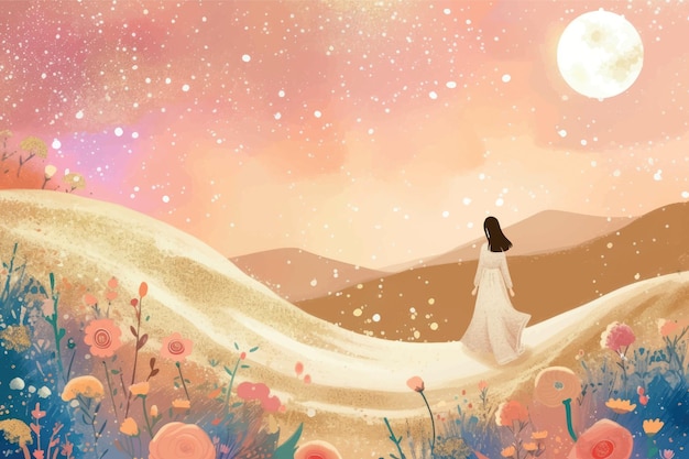 Vector dreamy landscape with moonlight