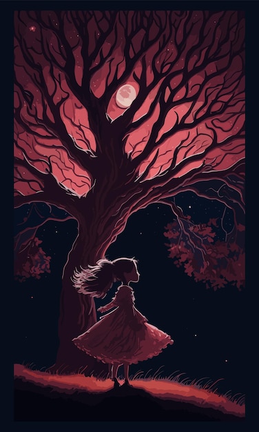 Dreamy Night Small Girl and the Enchanted Tree