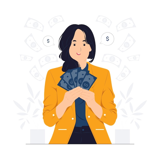 Dreamy pleased businesswoman thinking where go vacation and how invest earned dollars hold cash and looking up thoughtful Business finance and employment entrepreneur and money concept illustration