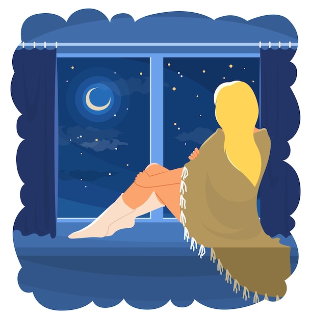 Vector dreamy relaxed young woman wrapped in blanket sitting on windowsill looking through glass into night starry sky resting at home apartment vector illustration