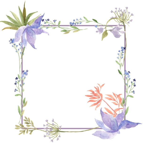 Dreamy soft pastel wild flower with blue flower and pink leaf watercolor frame