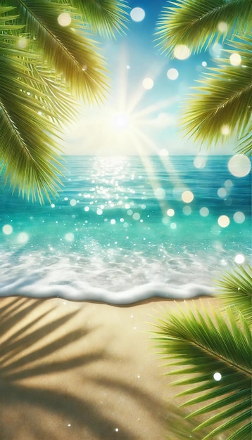 Vector dreamy tropical beach scene with palm leaves and sparkling water