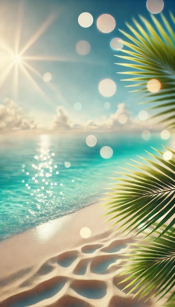 Vector dreamy tropical beach scene with palm leaves and sparkling water