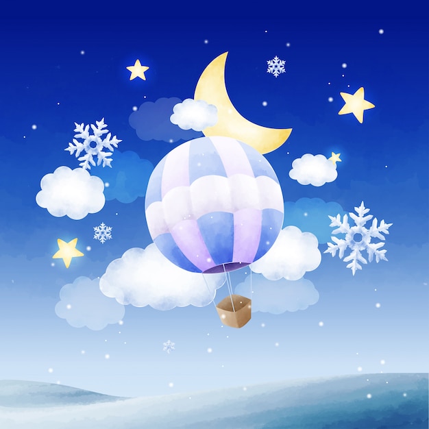 Dreamy Watercolor Hot Air Balloon on Snowy Night