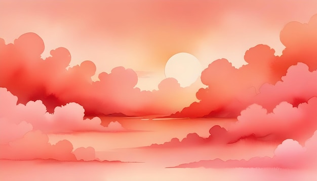 Dreamy watercolorlike illustration of a pink and orange sunset over a calm sea with fluffy clouds