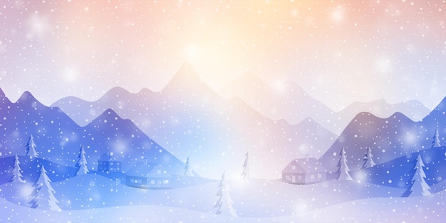 Dreamy winter landscape snowfall and bokeh effect bright holiday background