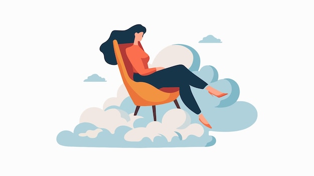 Dreamy Young Woman Sitting on Cloud High in Sky Conceptual Image