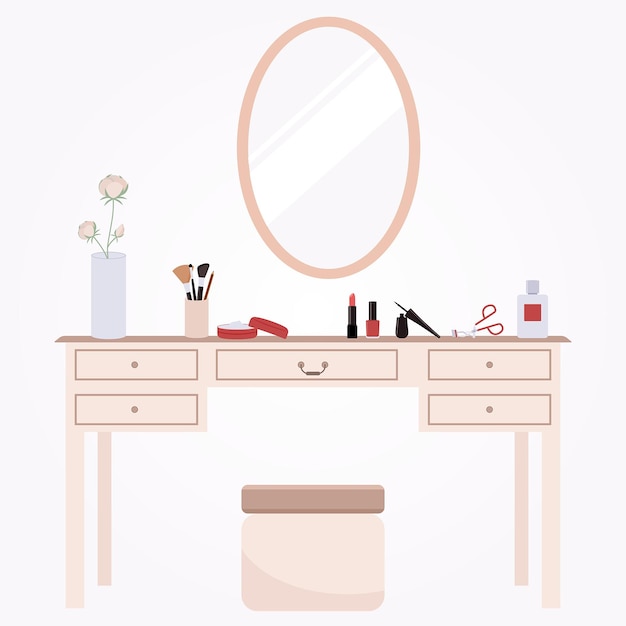 Dressing table with cosmetics and flowers in the vase mirror and coach