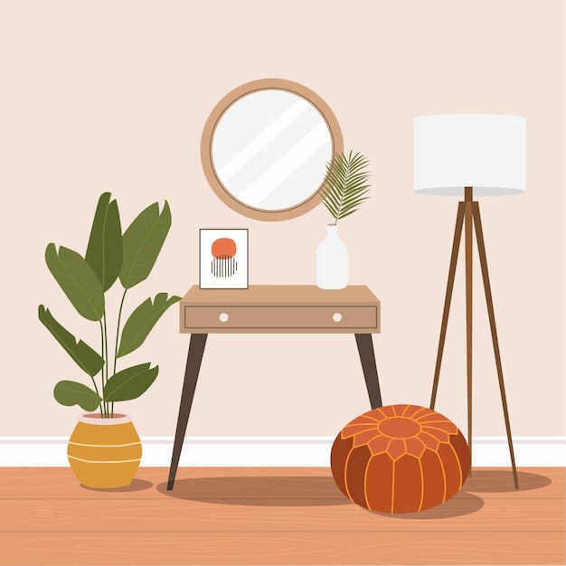 Vector dressing table with mirror. cozy home interior.    flat cartoon illustration