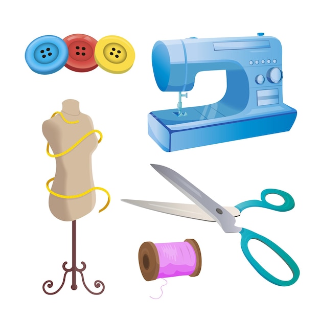 Dressmaker colorful doodle illustrations collection in vector Colorful dressmaker icons collection Sewing tools colorful doodle illustrations set