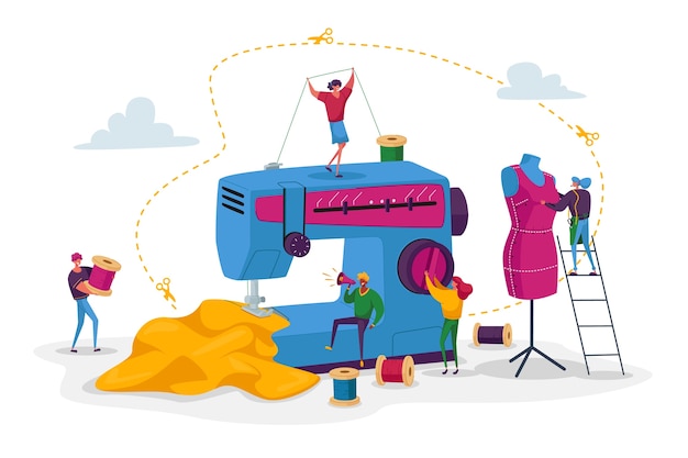 Dressmakers Characters Create Outfit and Apparel on Sewing Machine