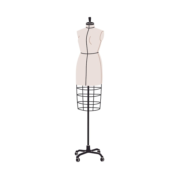 Dressmaking dummy dress form Sewing mannequin for tailor Fabric manikin with metal grid rolling base Women figure manequin torso Flat graphic vector illustration isolated on white background