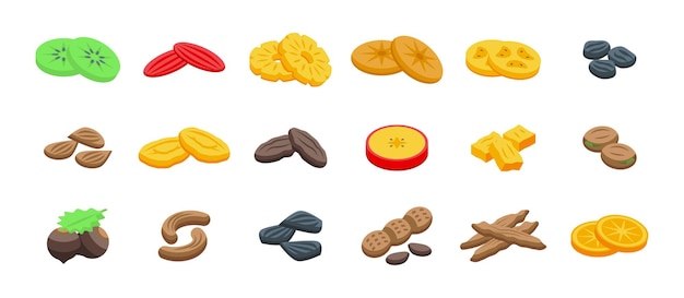 Dried fruits icons set isometric vector Apricot fig