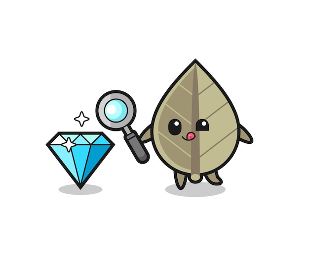 Dried leaf mascot is checking the authenticity of a diamond