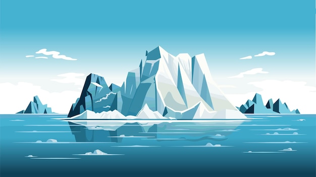 Vector drifting icebergs antarctic rocks panorama arctic glacier landscape northern waters with floating ice pieces global warming frozen chunks melting cold ocean