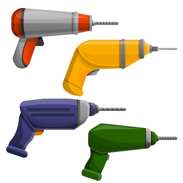 Drilling machine icon set, cartoon style