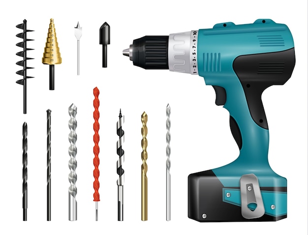 Drilling machine set of realistic icons with isolated images of detachable screw drills and drilling appliance vector illustration