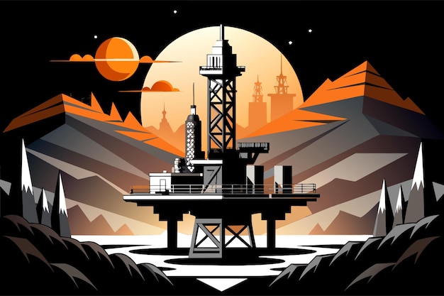 Vector drilling rig produces money vector illustration flat 2