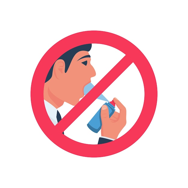 Do not drink antibacterial Ban on the use of disinfectant. Man holds spray in hand. Open mouth. Red stop sign. Vector illustration flat design. Coronavirus Prevention covid-19. Man uses an antiseptic