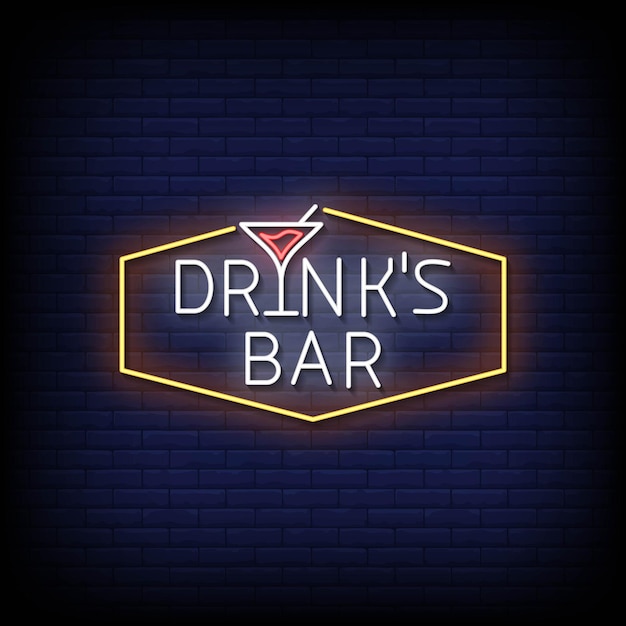 Drink Bar Neon Sign On Brick Wall Background Vector