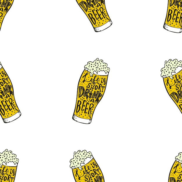 Drink beer hand drawn lettering seamless pattern octoberfest beer lovers seamless texture  vector il...