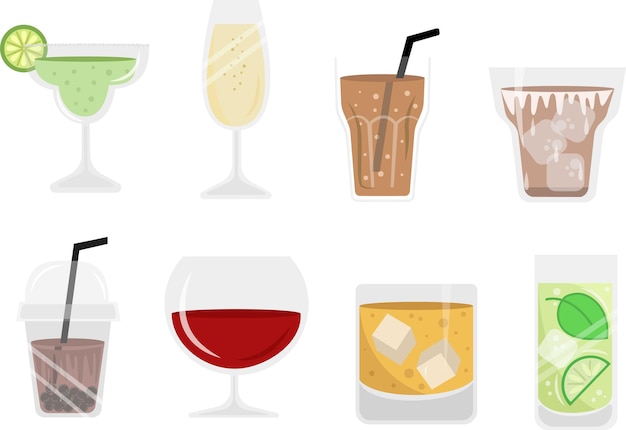 Vector drink and beverage vector illustration with various drink glass style