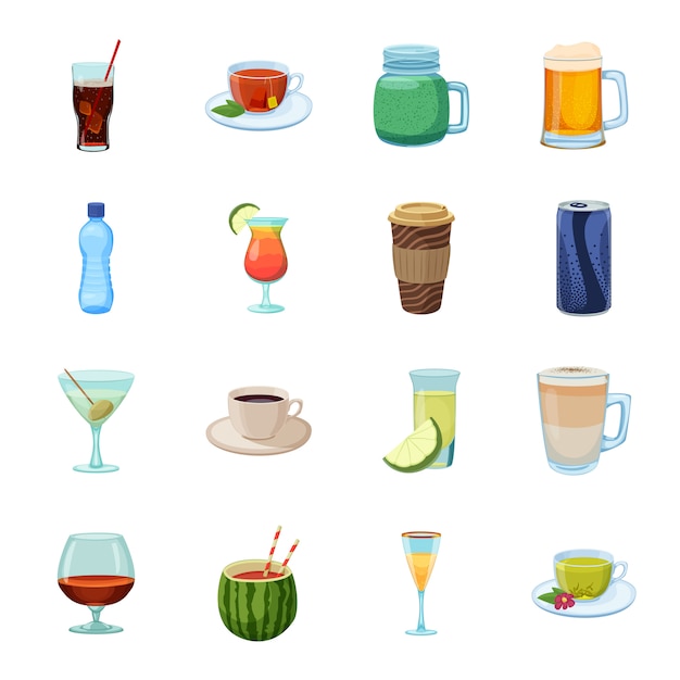 Drink cartoon icon set, cocktail and alcohol.