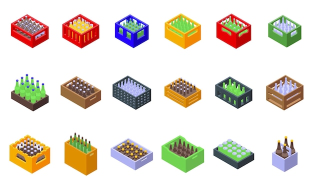 Drink crate icons set isometric vector Plastic bottle