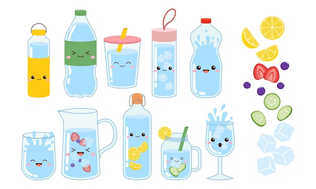 Drink more water campaign with cute bottle and glasses