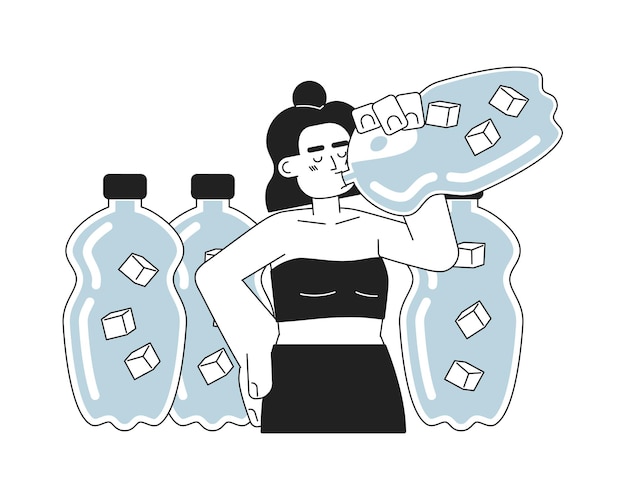 Drink more water monochrome concept vector spot illustration Latina woman drinking from water bottle 2D flat bw cartoon character for web UI design Stay cool isolated editable hand drawn hero image