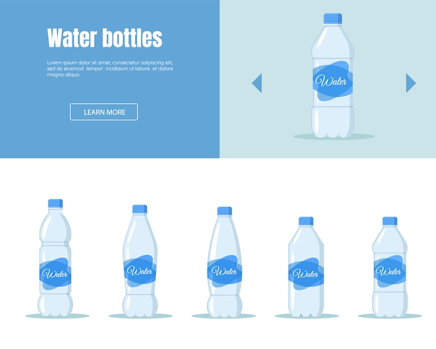 Drink water in plastic bottle set. Water Delivery Service Banner Horizontal Set Logistic Business Industry Flat Design Style.