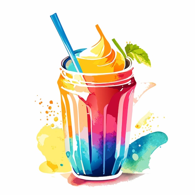 Drink with straw colorful watercolor drawing style isolated on white background