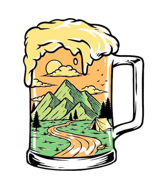 Drinking beer on the mountain illustration