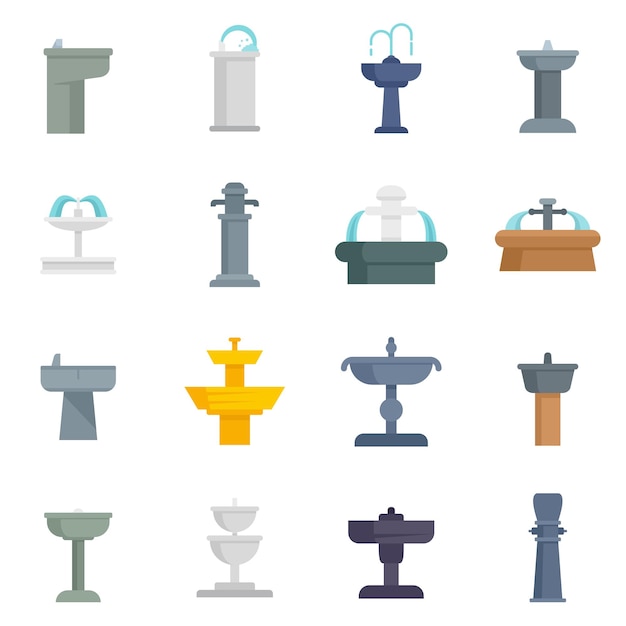 Drinking fountain icons set. Flat set of drinking fountain vector icons isolated on white background