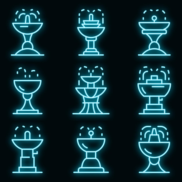 Drinking fountain icons set. Outline set of drinking fountain vector icons neon color on black