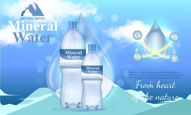 Vector drinking water advertising composition with mineral water symbols