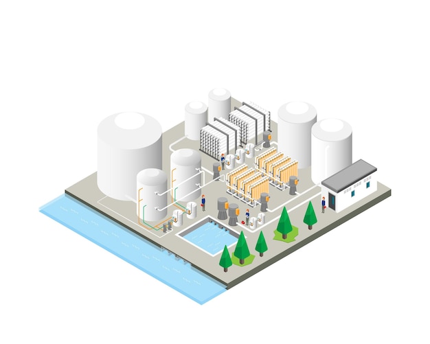 Drinking water purification plants, reverse osmosis plants in isometric graphic