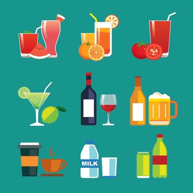 Drinks and beverages flat design icon set