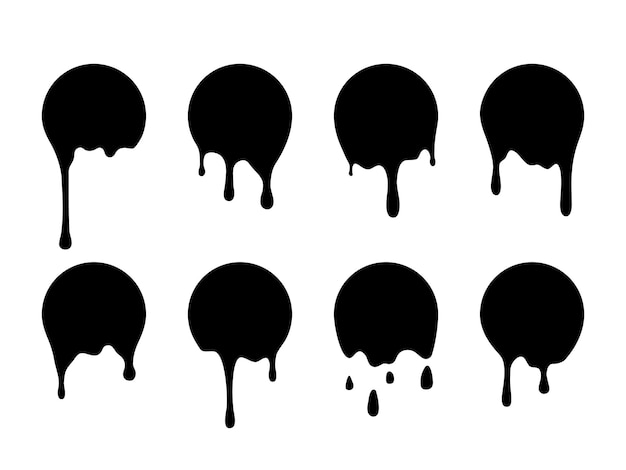 Drip paint stickers Black melted badges Isolated ink stains Dripping circles set Round shape silhouettes with flowing drops Abstract graffiti elements Fluid graphic textures Vector dirty spots