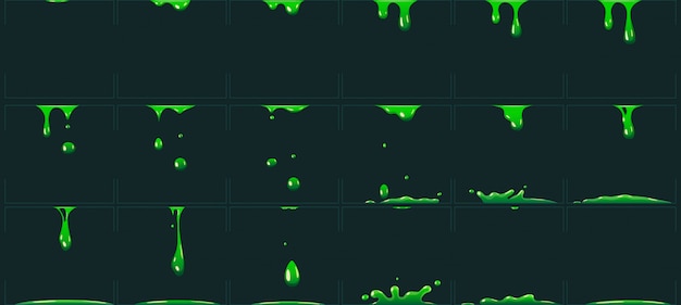 Dripping green slime animation. Cartoon animated toxic waste liquid. Acid or poison drip drop fx sprite vector illustration