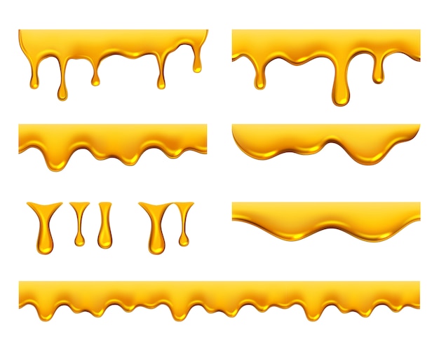 Vector dripping honey. golden yellow realistic syrup or juice dripping liquid oil splashes template