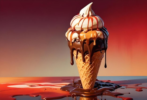 Vector a dripping ice cream cone with white vanilla ice cream chocolate sauce and caramel sauce dripping do