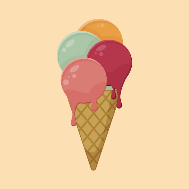 Dripping Ice Cream Scoops in Waffle Cone Vector Summer Illustration