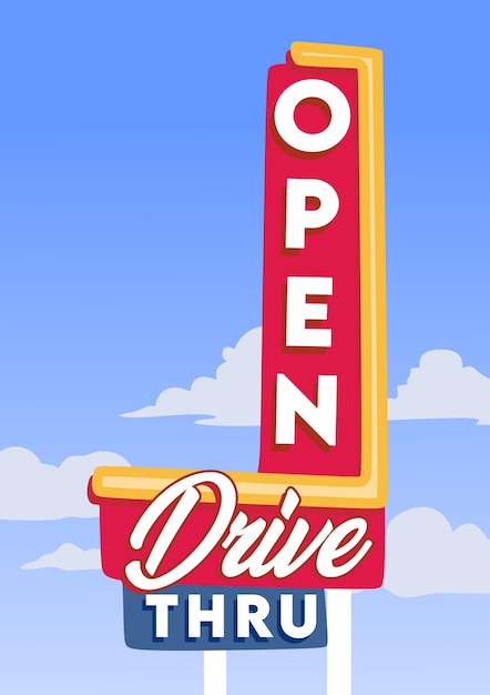 Vector drive thru sign open 24 hours in vintage style