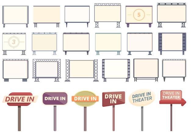 Drivein cinema icons set cartoon vector Movie drive