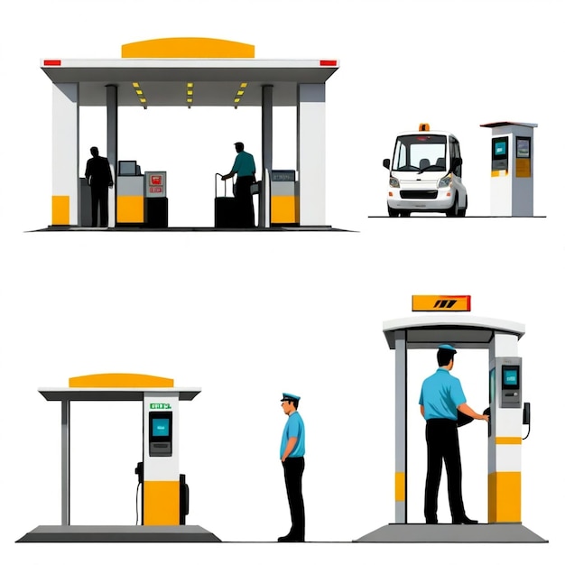 Driver approaching a toll booth vector set white background isolated a high qua