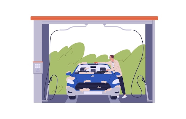 Driver cleaning auto at selfservice car wash Man cleansing dirty automobile with sponge shampoo foam water at washer station carwash Flat graphic vector illustration isolated on white background