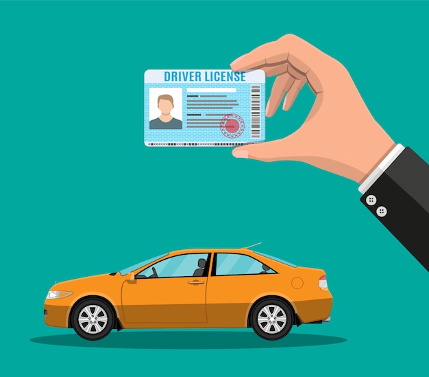 Driver license in hand and orange sedan car